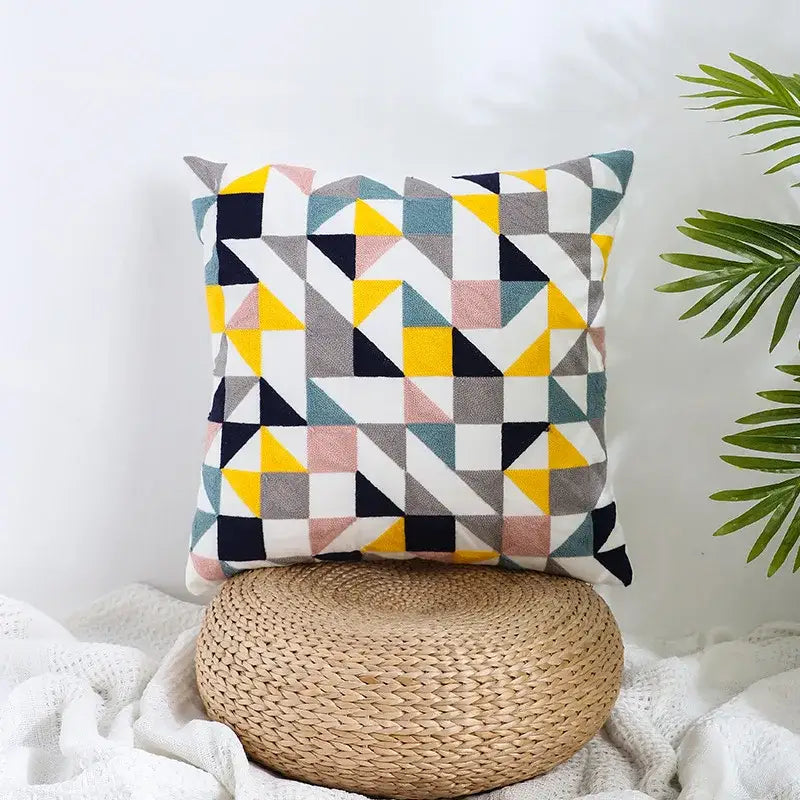 Square cushion pillow cover with vibrant yellow navy blue gray white and pink geometric pattern for decorbites boho farmhouse floral decor