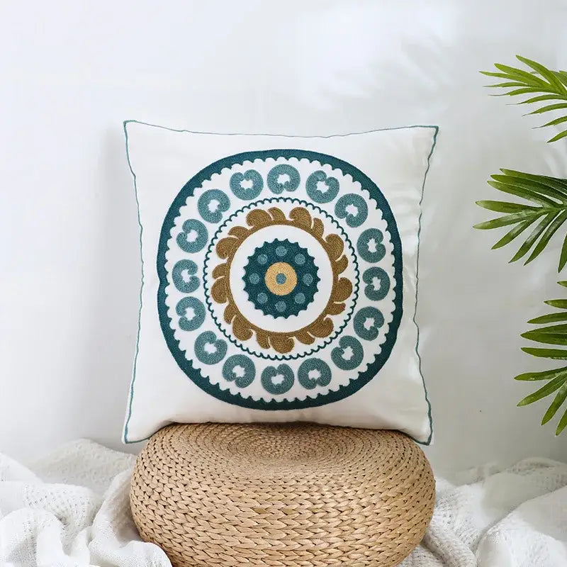 White square pillow cover with intricate teal gold and dark green embroidered mandala for decorbites boho farmhouse floral decor