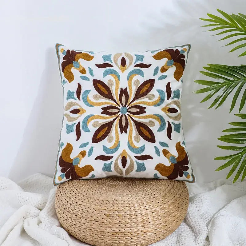 Boho farmhouse floral cream embroidered pillow covers with brown teal and tan floral patterns for living room decorbites decor