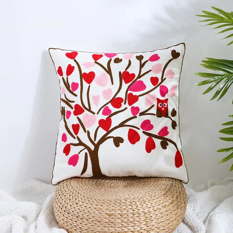 White pillow cover with embroidered tree, red and pink hearts, and owl detail for decorbites boho farmhouse floral decor