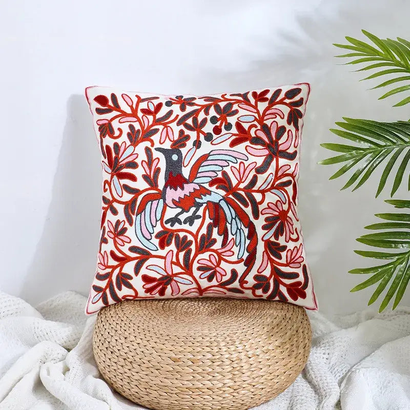 Square off-white pillow cover with colorful bird embroidery and floral patterns for decorbites boho farmhouse floral decor