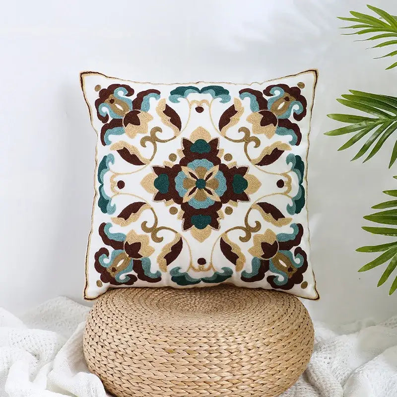 Square pillow covers with intricate teal brown and gold embroidered floral pattern for decorbites boho farmhouse decor