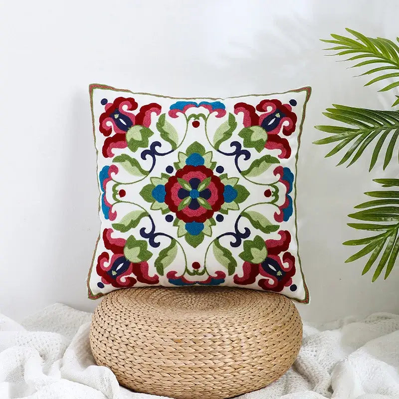 Boho farmhouse floral cream embroidered pillow covers with colorful intricate floral patterns for living room decorbites decor