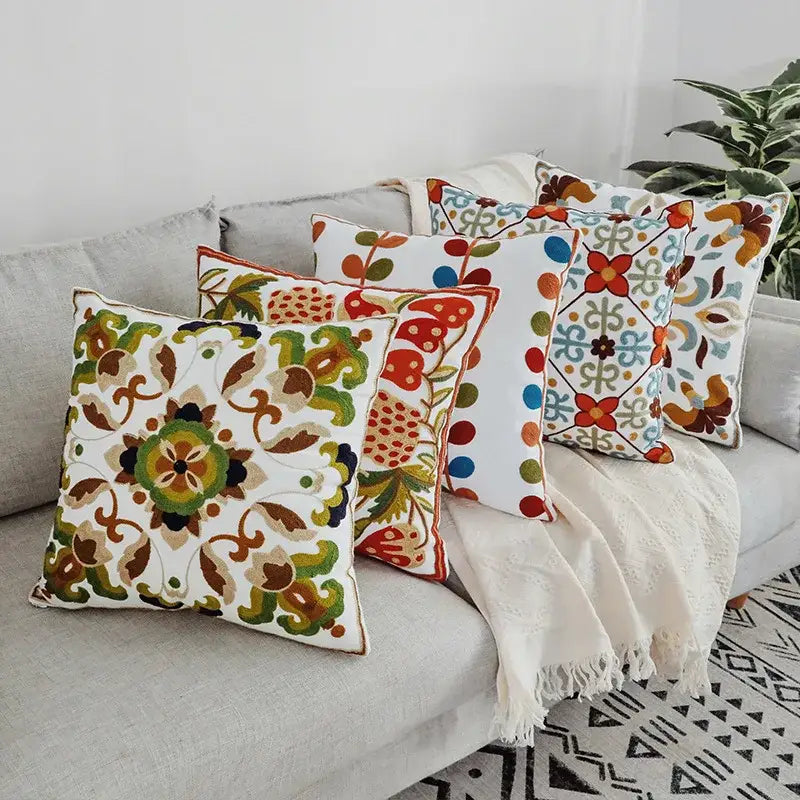 Boho farmhouse floral cream pillow covers with vibrant embroidered floral and geometric patterns for living room decorbites decor