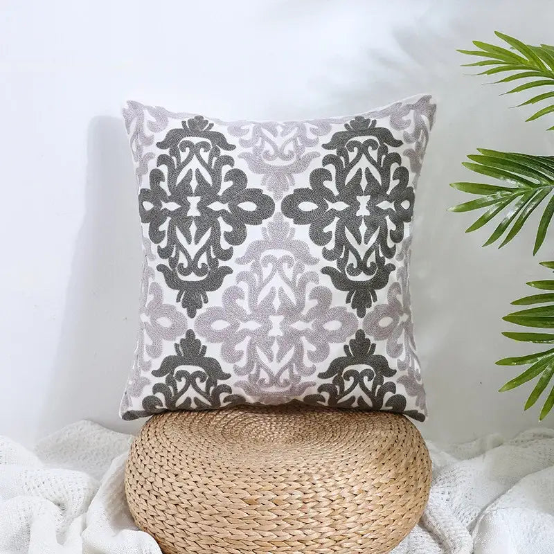 Gray and white embroidered damask patterned square pillow cover from decorbites boho farmhouse floral collection for living room decor