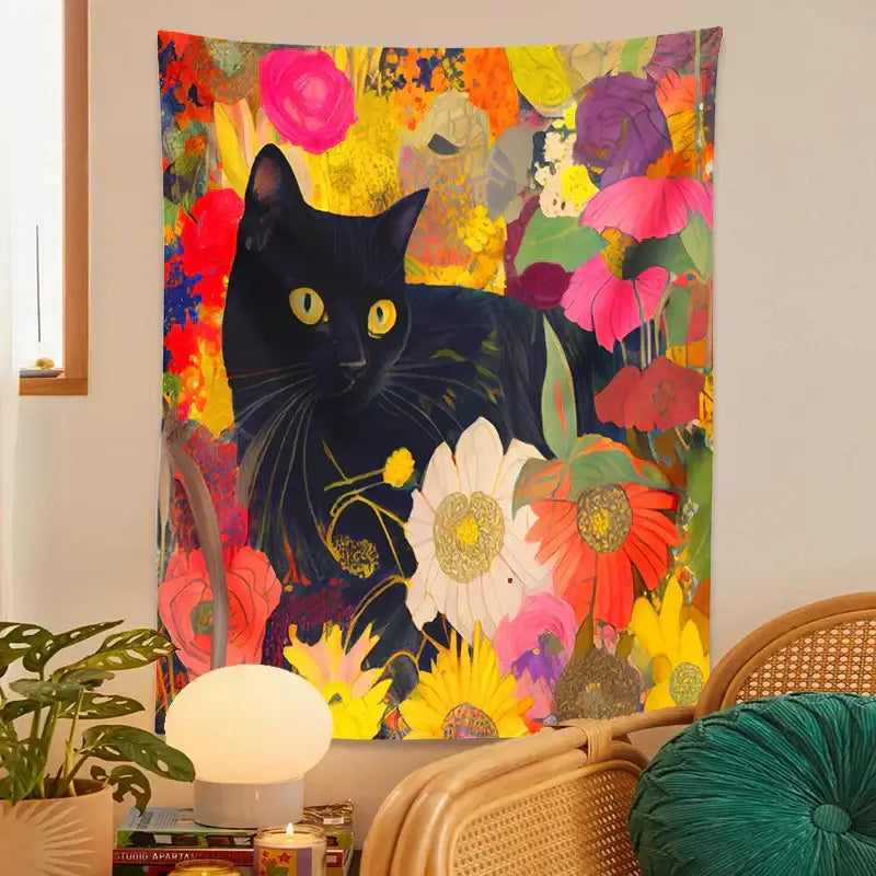 Boho floral black cat print poster featuring a vibrant cat print with golden-eyed black cat and colorful blossoms for living room wall art
