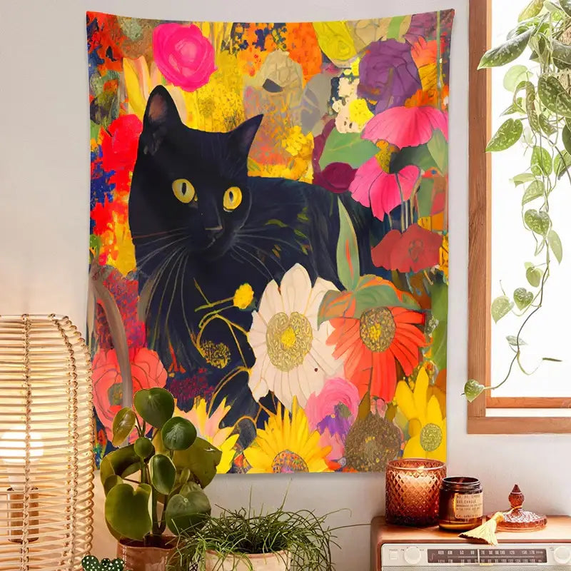 Boho floral black cat print poster featuring a vibrant cat print with yellow eyes surrounded by colorful flowers for living room wall art