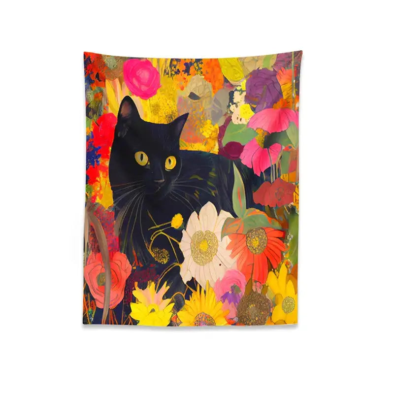 Vibrant boho floral cat print poster featuring a black cat with golden eyes among colorful pink yellow red and purple blossoms