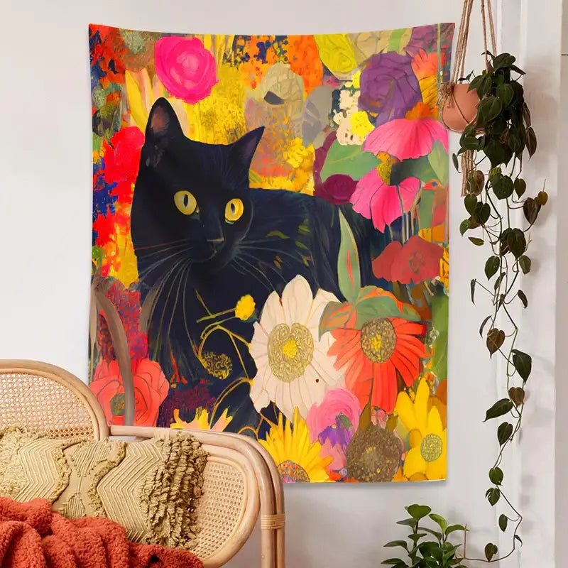 Boho floral black cat print poster featuring a vibrant colorful cat print with yellow eyes and oversized flowers for living room wall art