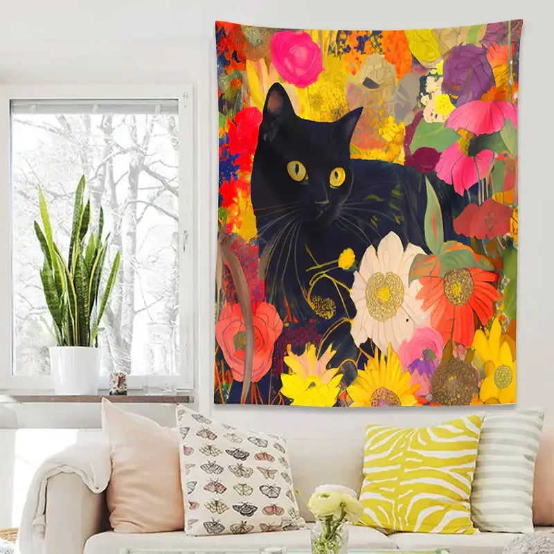 Boho floral black cat print poster featuring a vibrant tapestry design with bold yellow eyes and colorful flowers