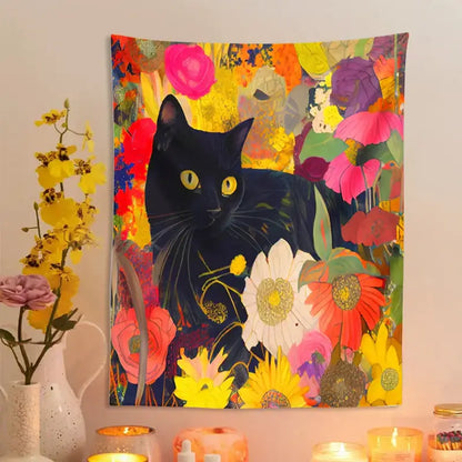 Boho floral black cat print poster featuring a vibrant colorful tapestry with a black cat and multicolored flowers for living room wall art