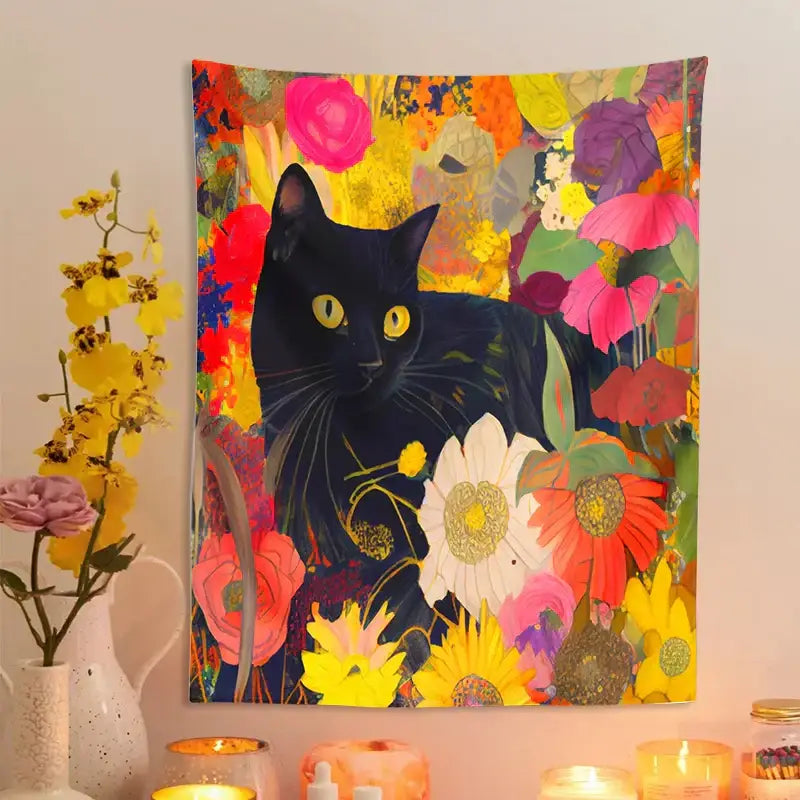 Boho floral black cat print poster featuring a vibrant colorful tapestry with a black cat and multicolored flowers for living room wall art