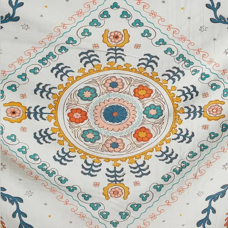 White fabric scarf with vibrant teal orange and gold floral mandala design for decorbites boho floral wall tapestry