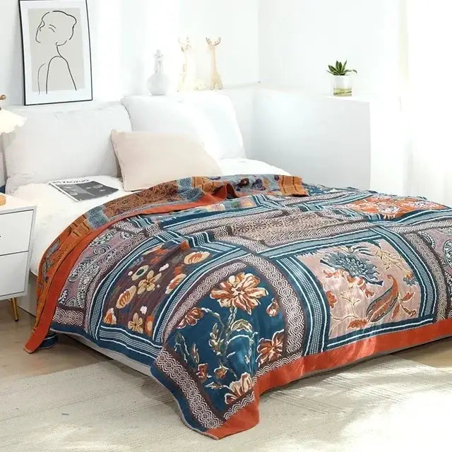Boho floral cotton gauze leisure blanket bedroom quilt with deep teal rust orange cream patchwork decorbites cotton gauze