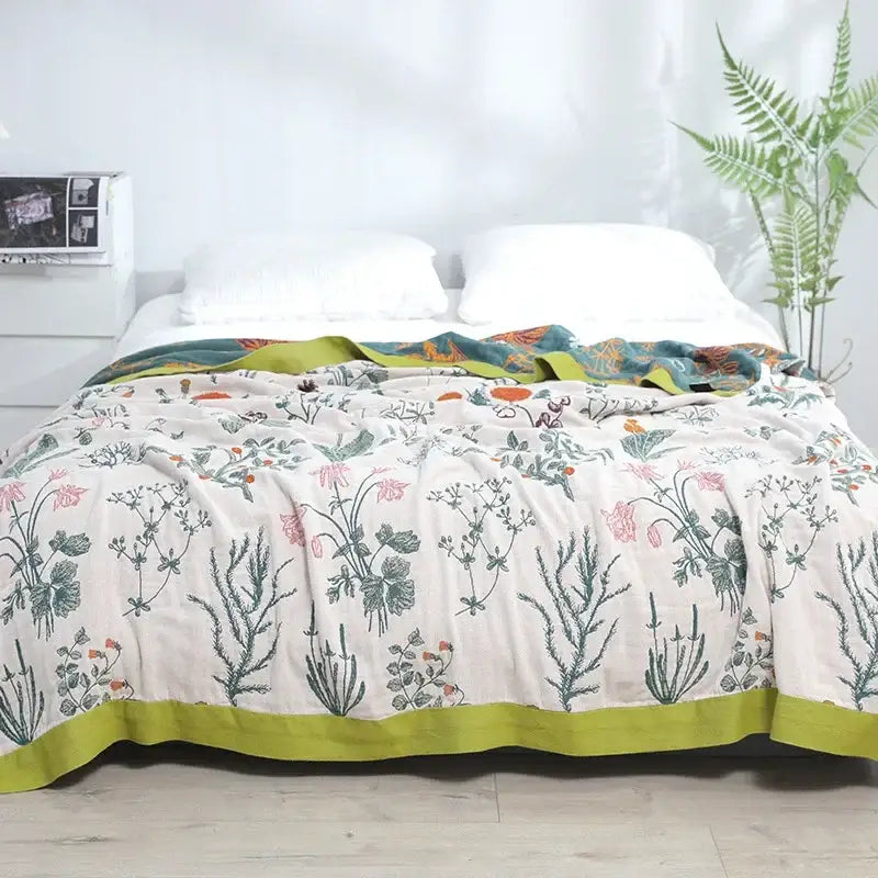 Boho floral cotton gauze leisure blanket with delicate botanical print and lime-green border for bedroom decorbites cotton gauze
