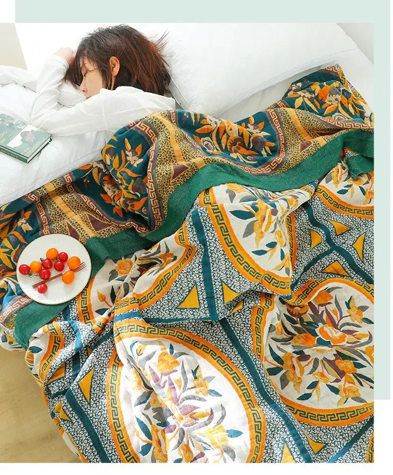 Vibrant boho floral cotton gauze leisure blanket with teal gold and orange botanical geometric designs decorbites cotton gauze