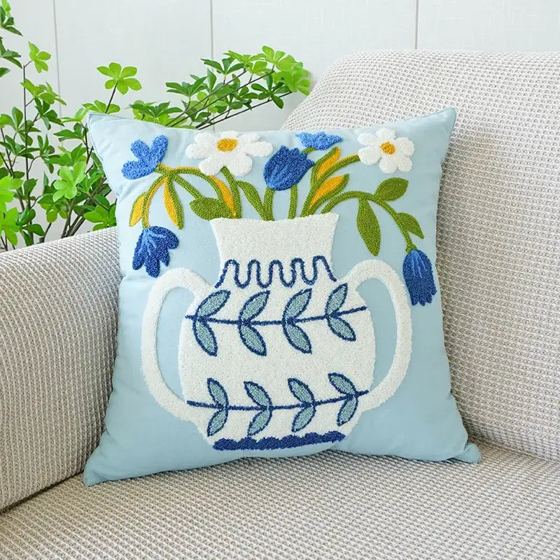 Light blue boho floral embroidered cushion cover with white vase and colorful flowers for living room decorbites boho floral