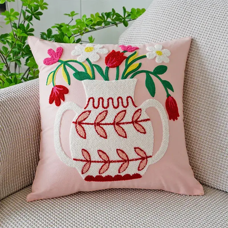 Pink cushion cover with white embroidered vase and red leaf boho floral embroidered decorbites living room decor