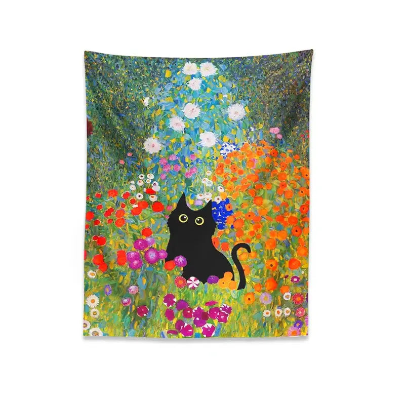 Boho floral garden cat tapestry wall hanging featuring a black cat with yellow eyes amid vibrant colorful blossoms decorbites garden cat decor
