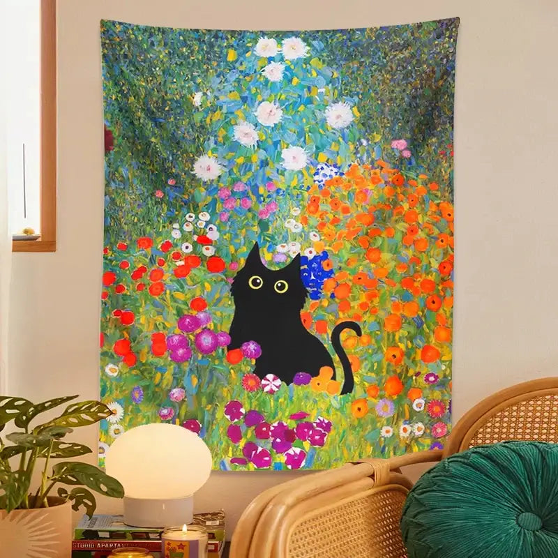 Bohob floral garden cat tapestry wall hanging featuring vibrant black cat and bold orange purple white floral design for decorbites garden cat decor