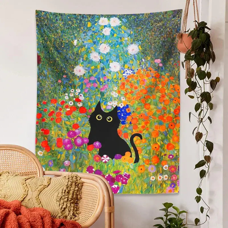 Bohob floral garden cat tapestry wall hanging featuring a black cat with yellow eyes among colorful blossoms for decorbites garden cat decor