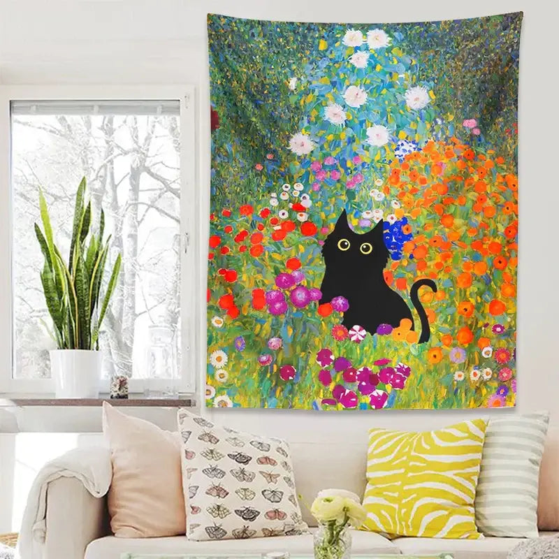A vibrant boho floral garden cat tapestry wall hanging featuring a black cat amidst colorful blossoms for decorbites garden cat decor
