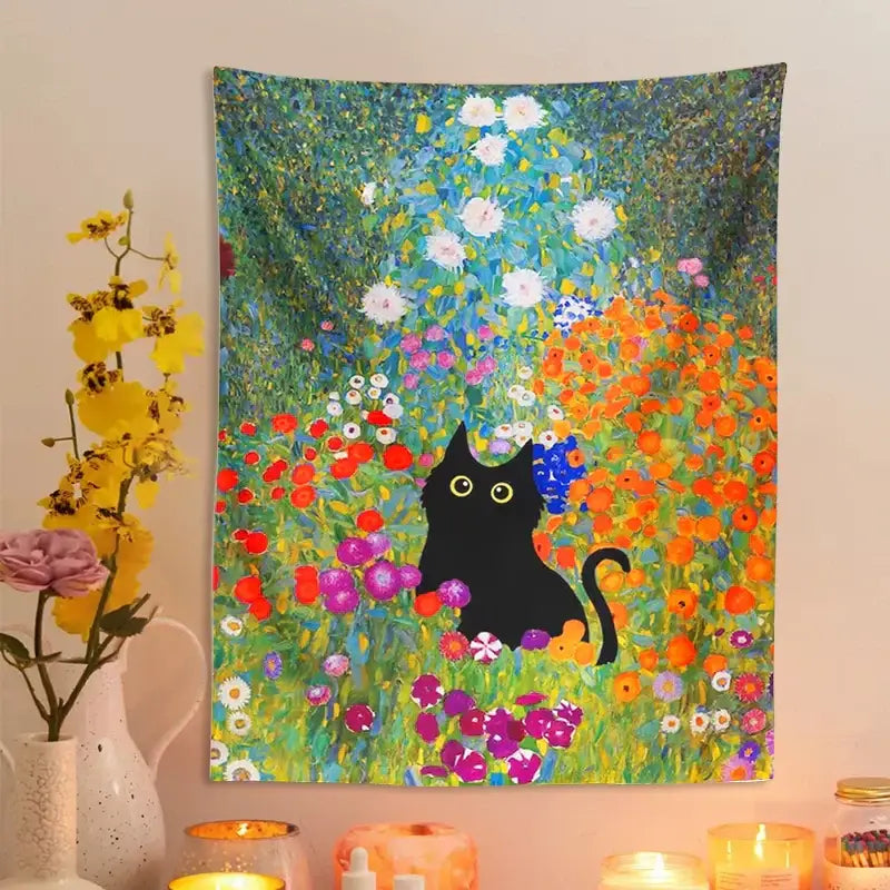 Bohob floral garden cat tapestry wall hanging featuring a black cat in a colorful floral decorbites garden cat design