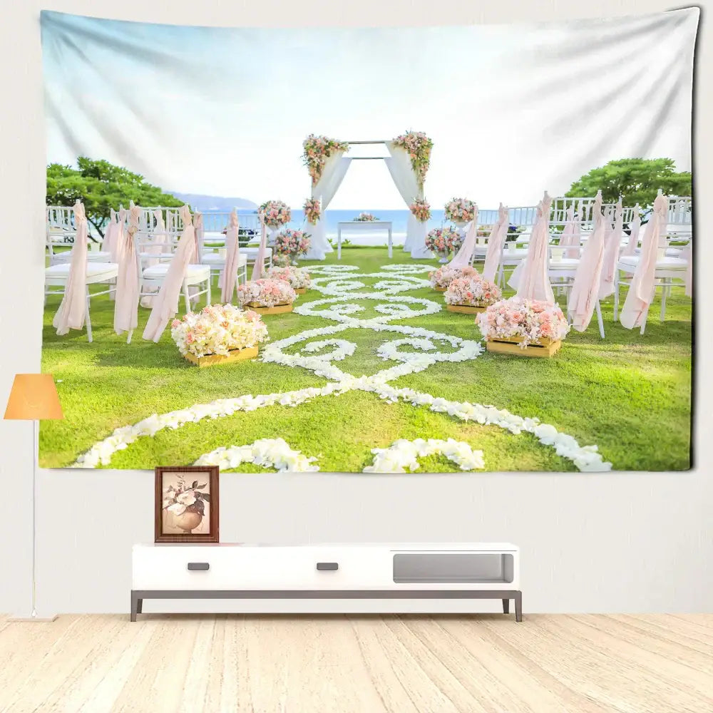 Boho floral garden landscape tapestry featuring a pink and white beach wedding scene for decorbites garden landscape decor