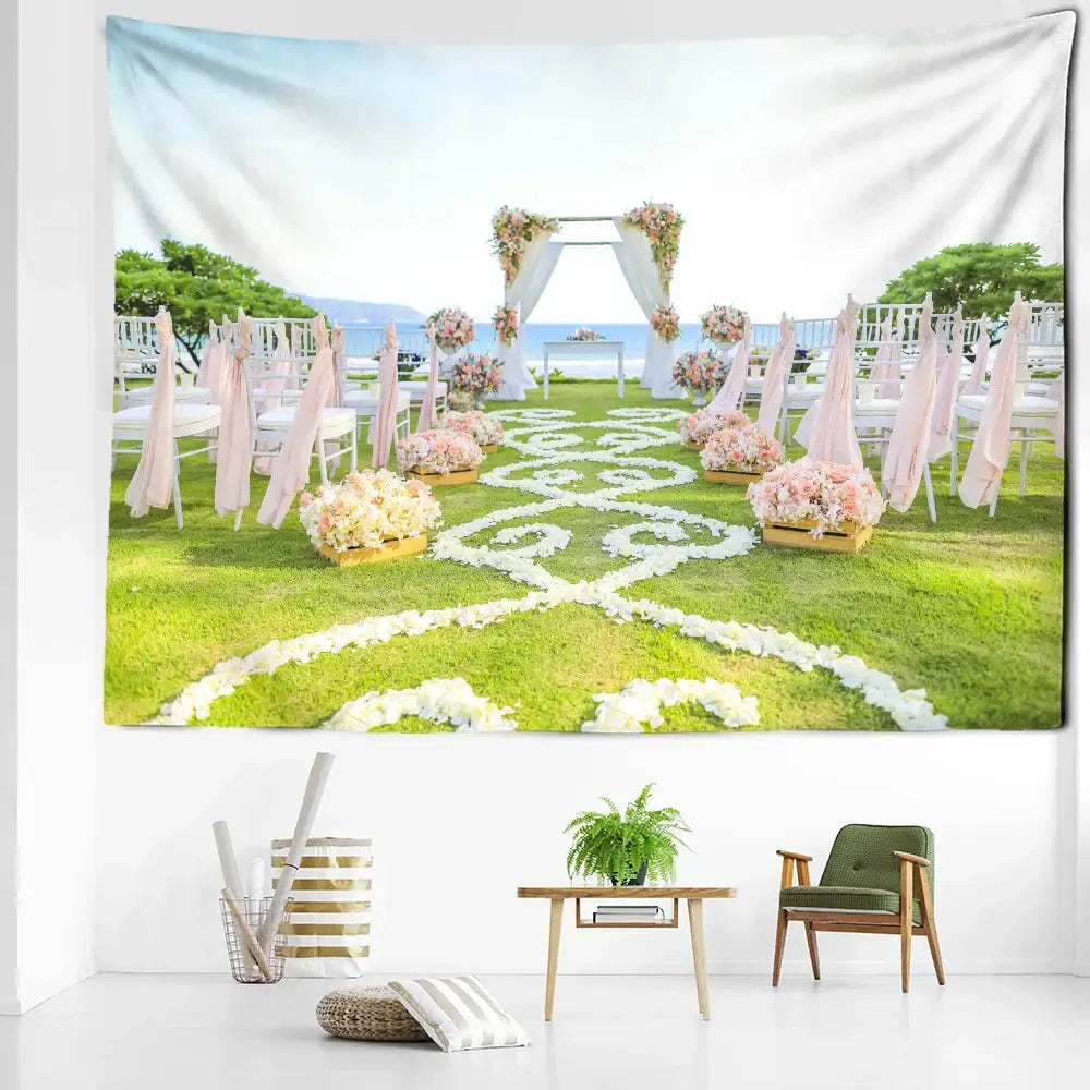 Beige and white floral boho garden landscape tapestry hanging on wall for living room decorbites garden decorbites garden landscape