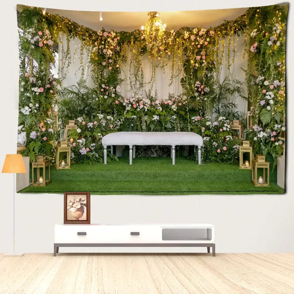 Boho floral garden landscape tapestry with cascading greenery pink blossoms and golden fairy lights decorbites garden landscape