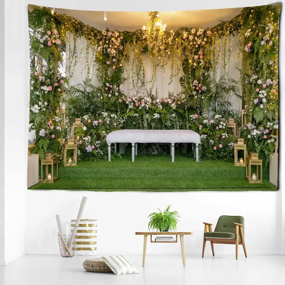 Boho floral garden landscape tapestry with cascading greenery and pink white purple blossoms for living room decorbites garden