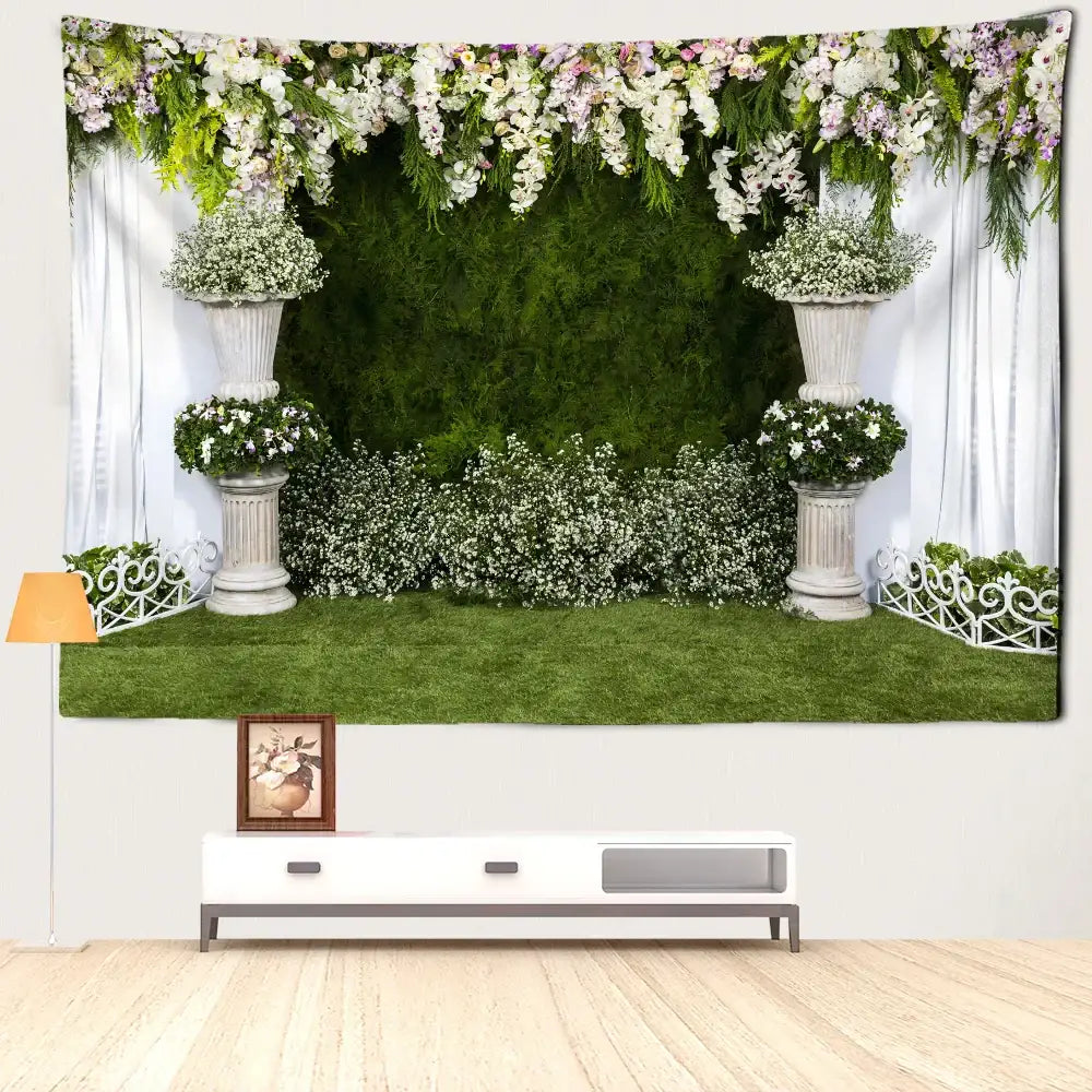 Boho floral garden landscape tapestry featuring white and purple blossoms over green hedge for decorbites garden landscape wall art