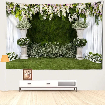 Boho floral garden landscape tapestry featuring white and purple blossoms over green hedge for decorbites garden landscape wall art