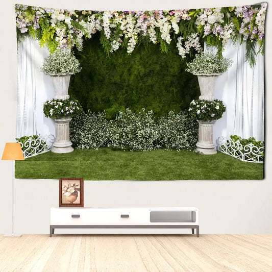 Boho floral garden landscape tapestry featuring white and purple blossoms over green hedge for decorbites garden landscape wall art