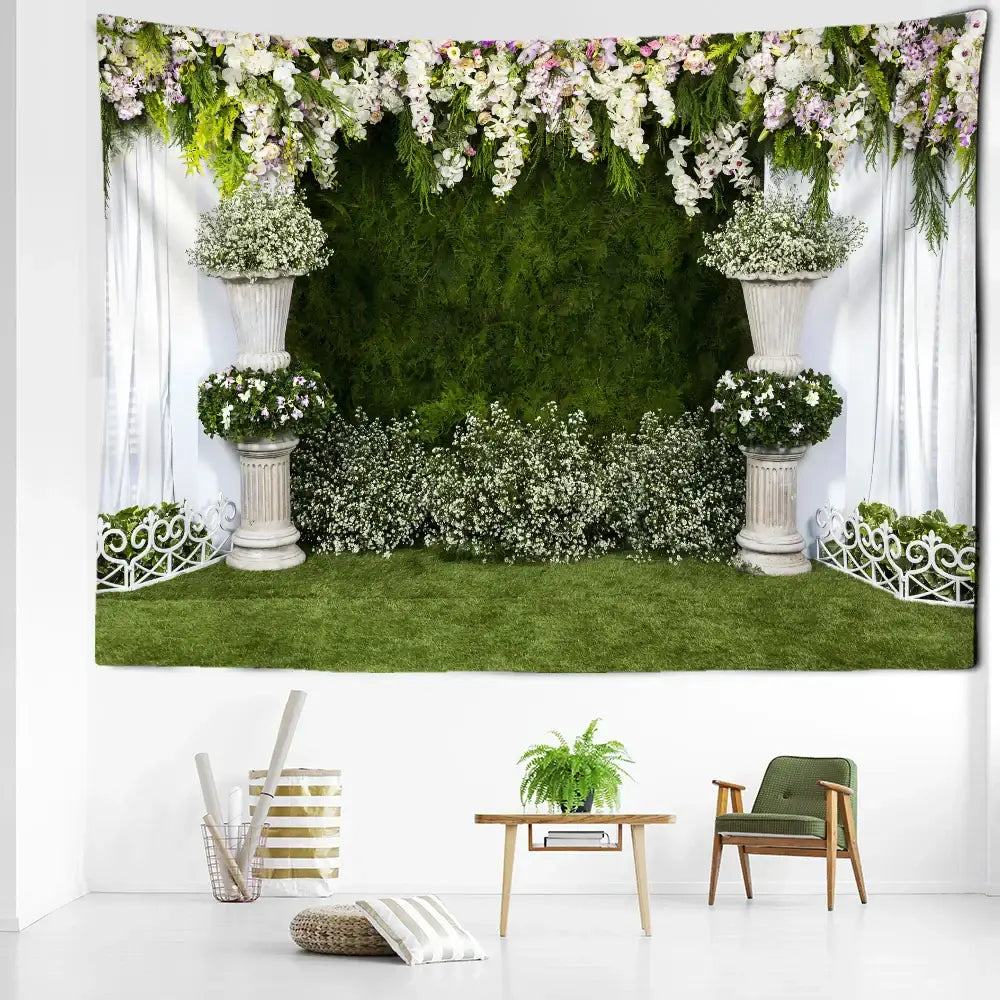 Boho floral garden landscape tapestry with white pink purple blossoms and classical urns for decorbites garden decor