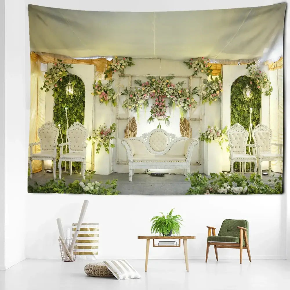 White floral wedding scene tapestry featuring boho floral garden design for decorbites garden landscape living room wall art