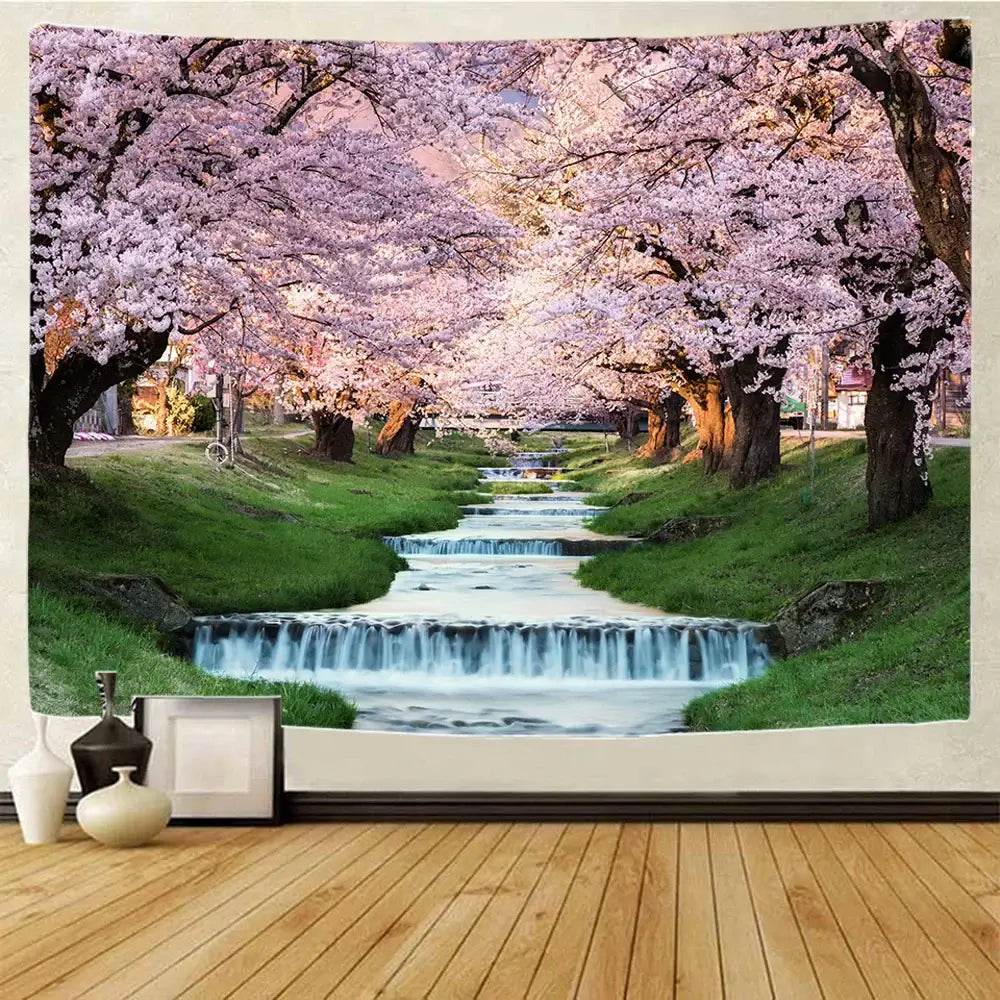 Boho forest waterfall art tapestry featuring a scenic pathway with pink cherry blossoms printed on fabric for living room decorbites forest waterfall wall hanging