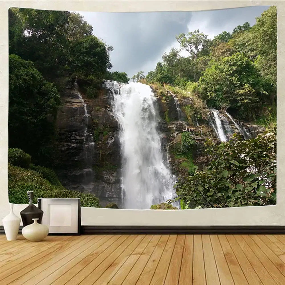 Boho forest waterfall art tapestry features lush green decorbites forest waterfall with rocky cliffs and dense foliage