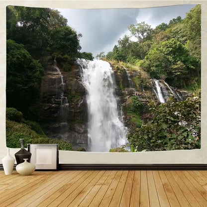 Boho forest waterfall art tapestry features lush green decorbites forest waterfall with rocky cliffs and dense foliage