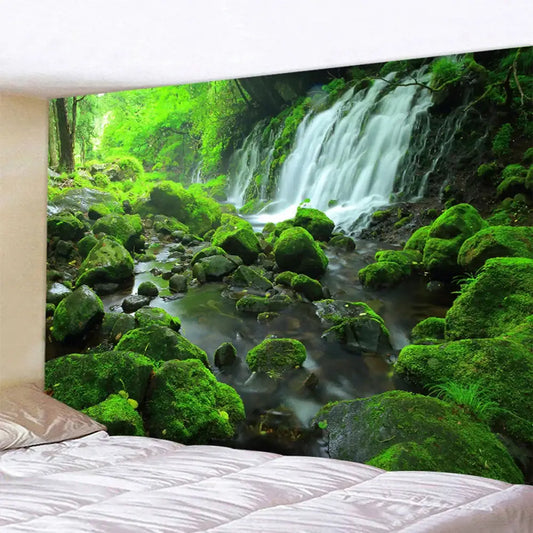 Boho forest waterfall art tapestry featuring vibrant green moss-covered rocks and a cascading waterfall for living room decorbites forest waterfall