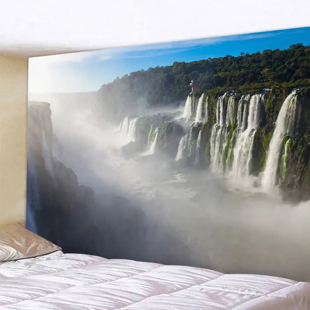 Boho forest waterfall art tapestry features vibrant iguazu falls with lush greenery for living room wall decorbites forest waterfall