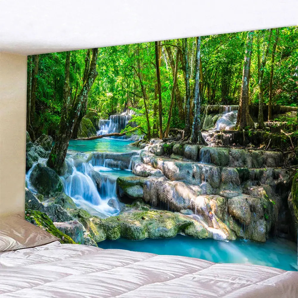 Boho forest waterfall tapestry featuring vibrant turquoise waterfall and lush green forest decorbites forest waterfall art