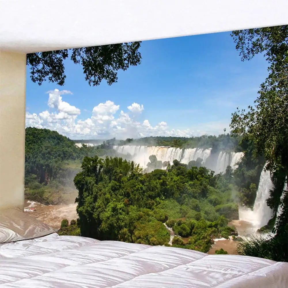 Boho forest waterfall art tapestry featuring vibrant iguazu falls greenery and waterfalls under a bright blue sky for living room decorbites forest waterfall decor