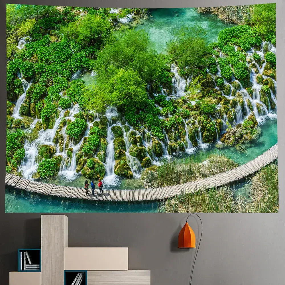 Boho forest waterfall art tapestry featuring vibrant green and turquoise cascading falls over mossy rocks for wall decorbites forest waterfall decor