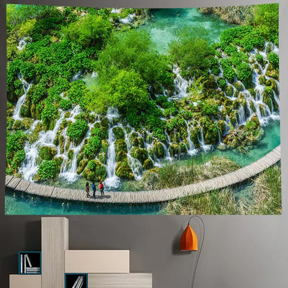 Boho forest waterfall art tapestry featuring vibrant green and turquoise cascading falls over mossy rocks for wall decorbites forest waterfall decor
