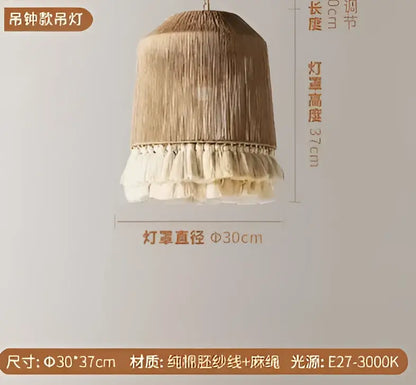 A beige woven pendant lamp with a fringed tassel trim.