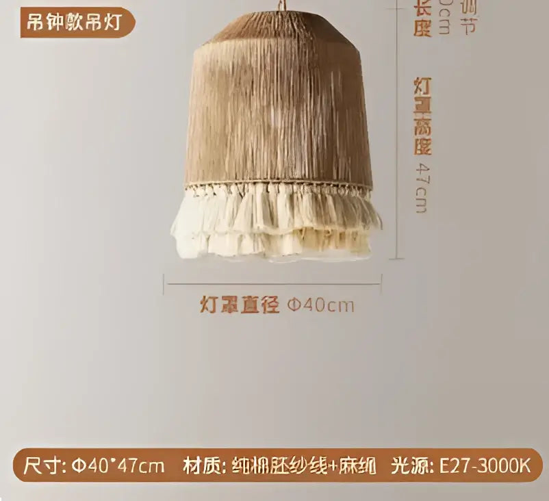 Beige woven pendant light with cotton thread tassels and fringed hemp rope bottom for decorbites boho fringe style
