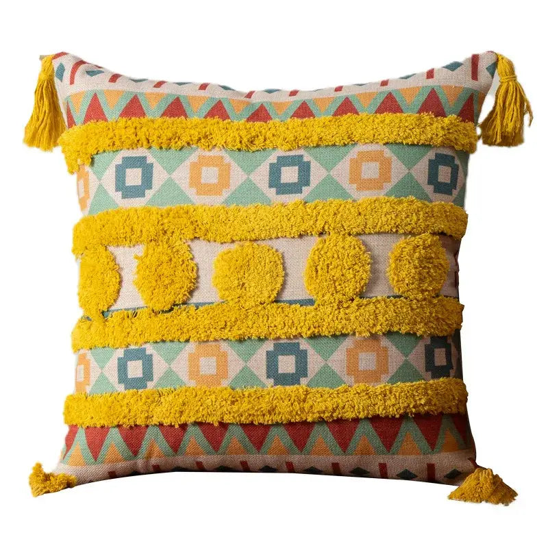 Vibrant geometric boho fringe pillow covers with bold yellow tassels and textured pom-poms for living room decorbites decor