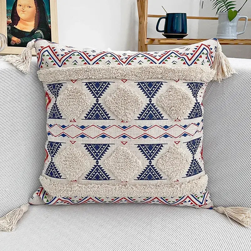 Beige and navy blue geometric boho fringe pillow cover with textured tassels for decorbites boho fringe decor