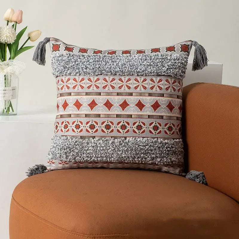 Cozy rectangular boho fringe pillow cover with red gray geometric texture and tassels for decorbites boho fringe decor